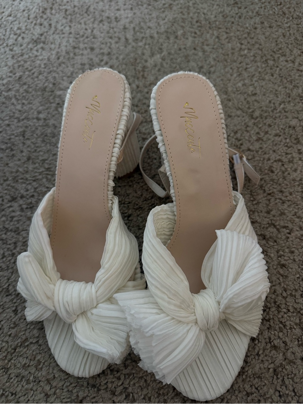 Pleated Bow Block Heel Sandals in White - Women
